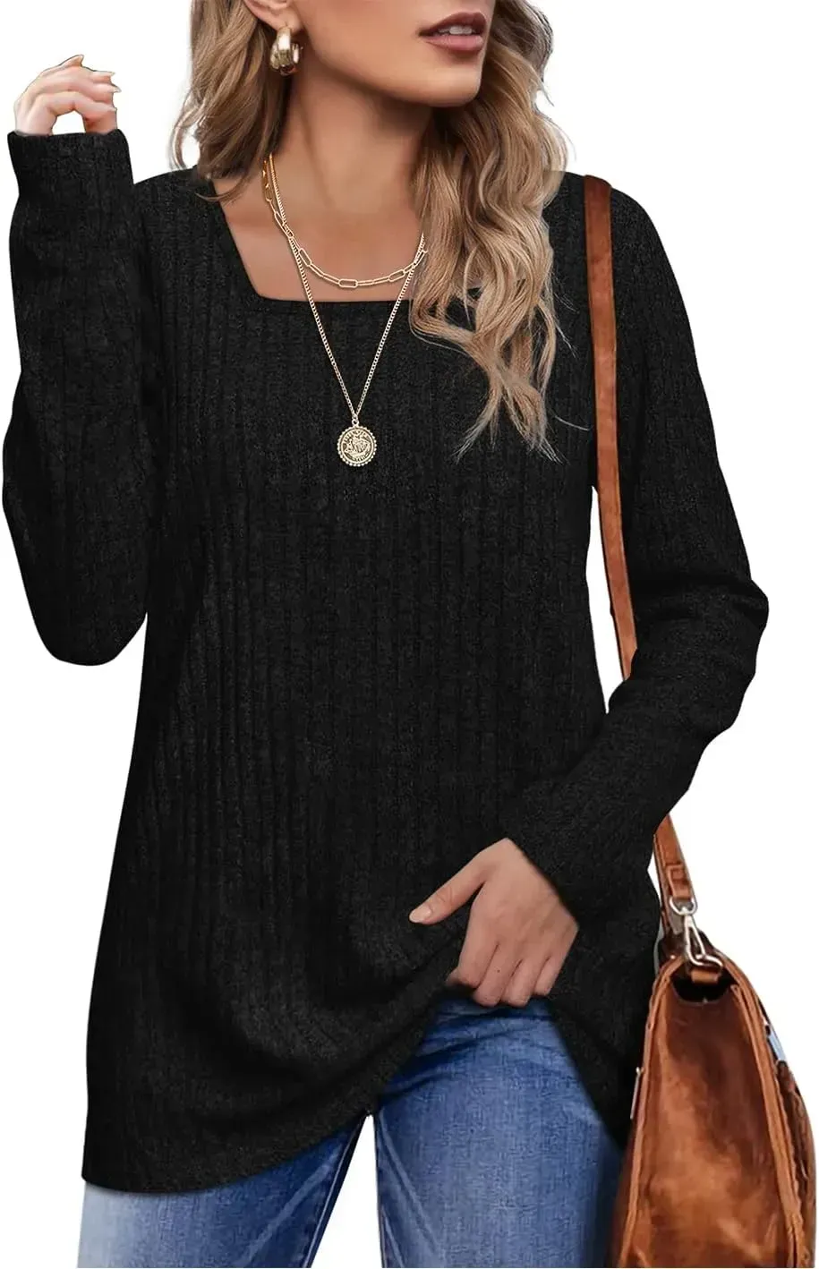 OFEEFAN Long Sleeve Shirts for Women Lightweight Crew Neck Casual Tunic Tops