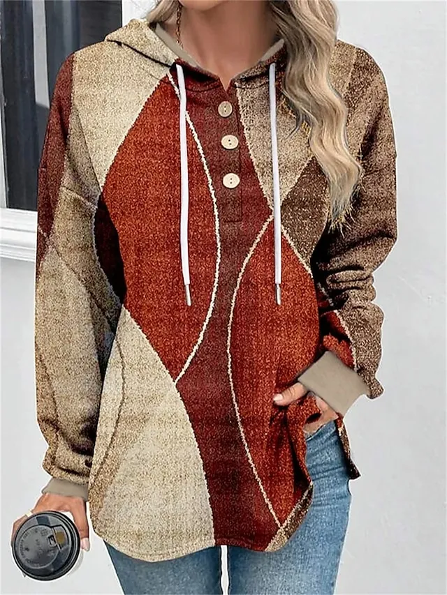 Women's Hoodie Sweatshirt Pullover Basic Button Drawstring Yellow Red Blue Color Block Casual Sports Hoodie Long Sleeve Top Micro-elastic Fall & Winter
