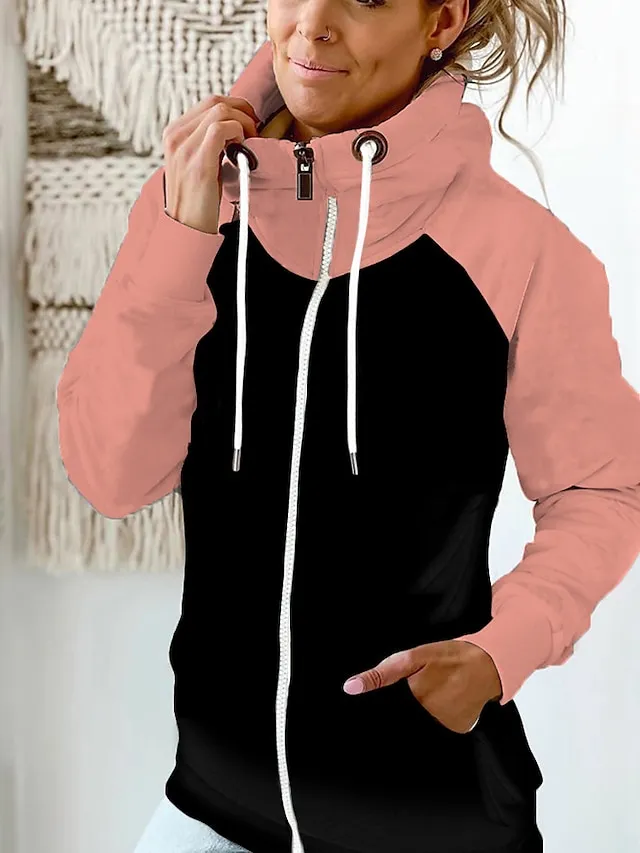 Women's Zip Hoodie Sweatshirt Basic Pocket Drawstring Zip Up White Light Green Pink Color Block Street Casual Pile Neck Long Sleeve Top Micro-elastic Fall & Winter