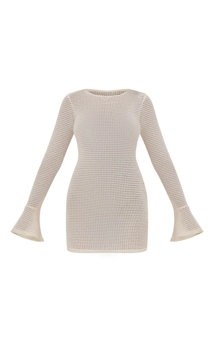 cream textured flared long sleeve bodycon dress