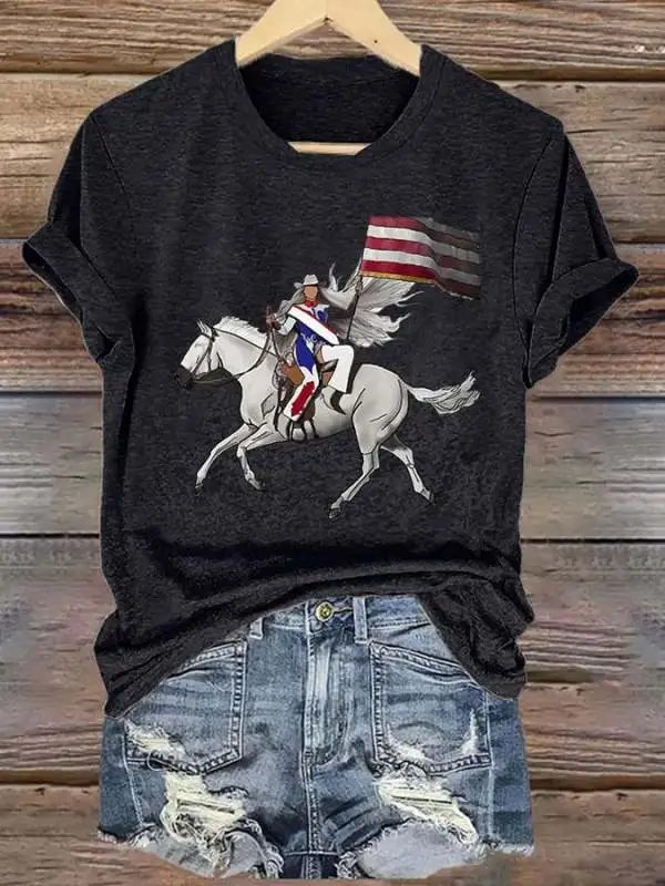 Retro Country Western Music Cowboy Horse And Flag Print T-Shirt
