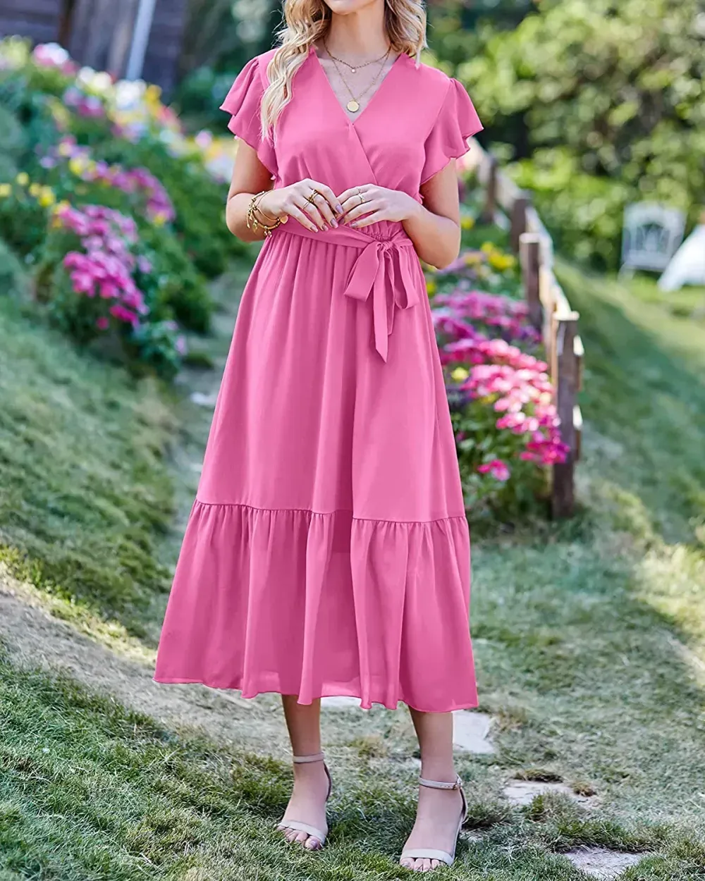 Women Summer Bohemian Floral Casual Wrap V Neck Ruffle Cap Sleeveless Belt A-Line Pleated Hem Swing Midi Sun Dress