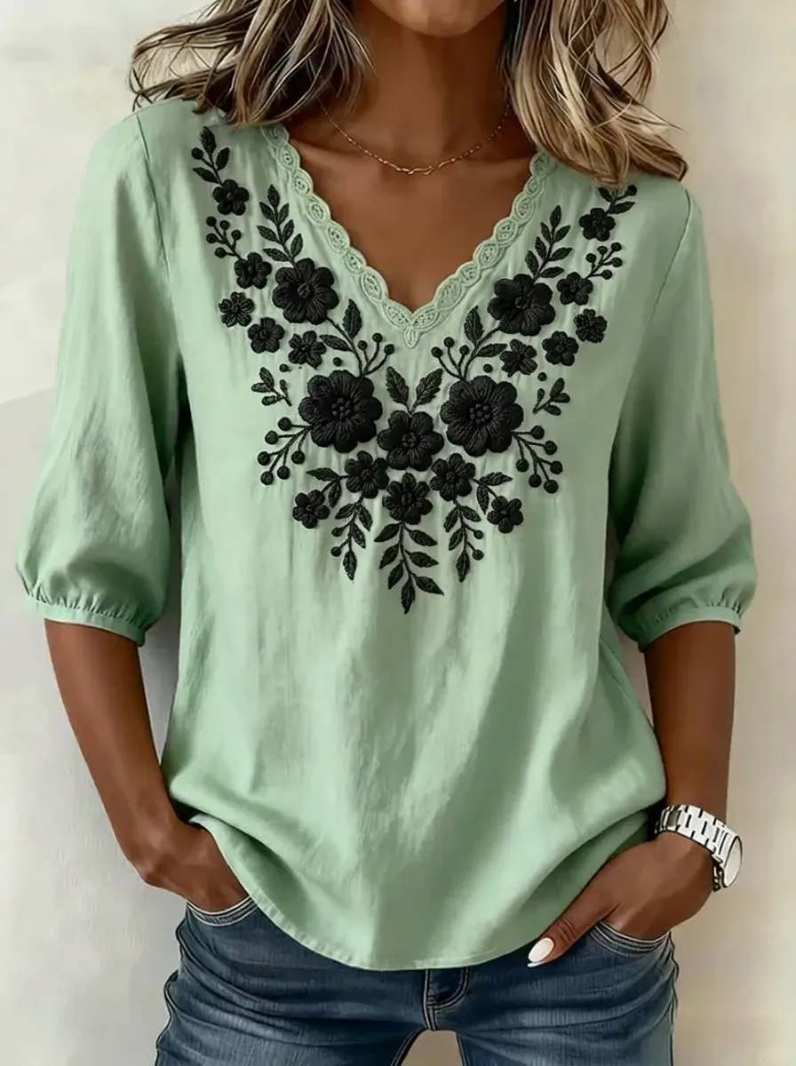 Women's Nashville Floral Embroidered V-Neck Printed Top