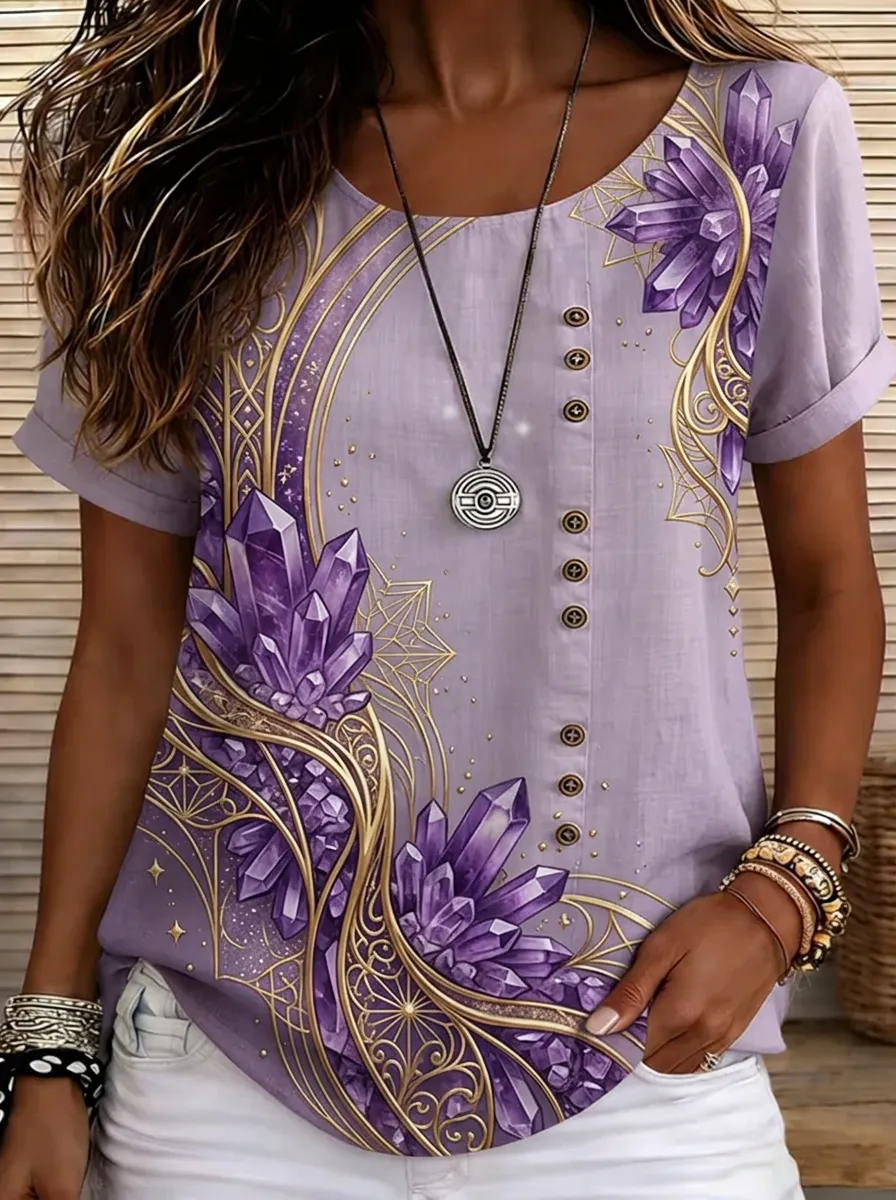 Women's Crystal Lover Purple Gemstone Printed Button Top