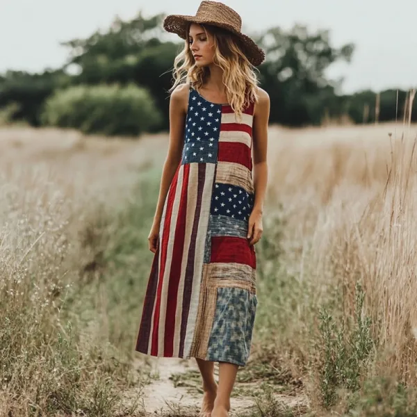 Independence Day American Flag Patchwork Linen Tank Dress