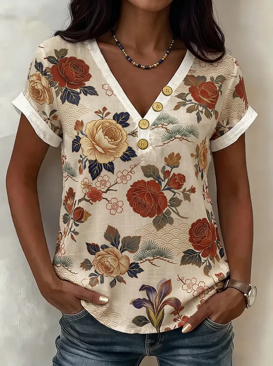 Women's Nashville Floral Rose Pattern Printed V-Neck Button Top