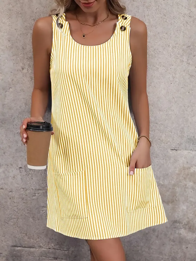 Women'S Sleeveless Striped Print Tunic Dress with Pockets, 100% Polyester, Crew Neck, Summer Wear, Woven Fabric, 110g/m² - All Seasons