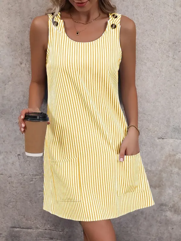 Women'S Sleeveless Striped Print Tunic Dress with Pockets, 100% Polyester, Crew Neck, Summer Wear, Woven Fabric, 110g/m² - All Seasons