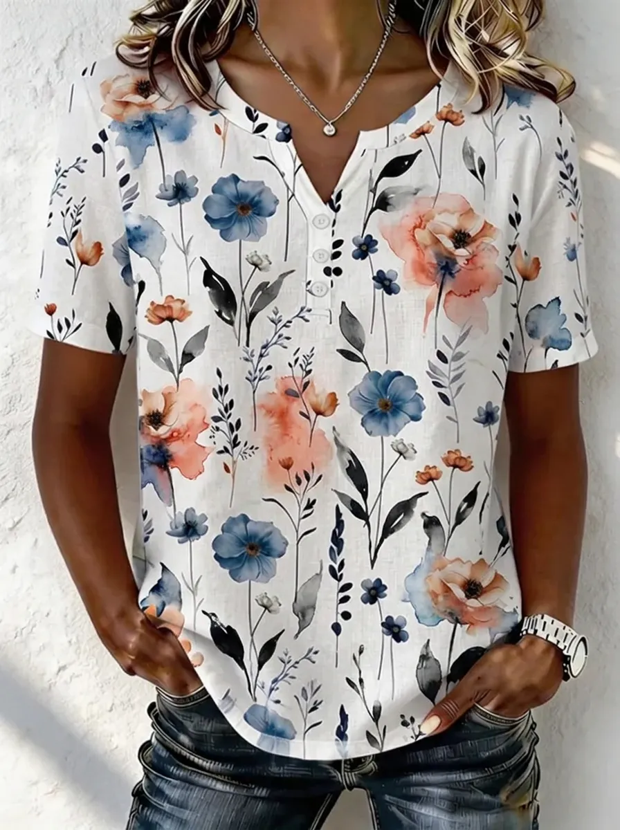 Women's Nashville Floral Watercolor Printed V-Neck T-shirt