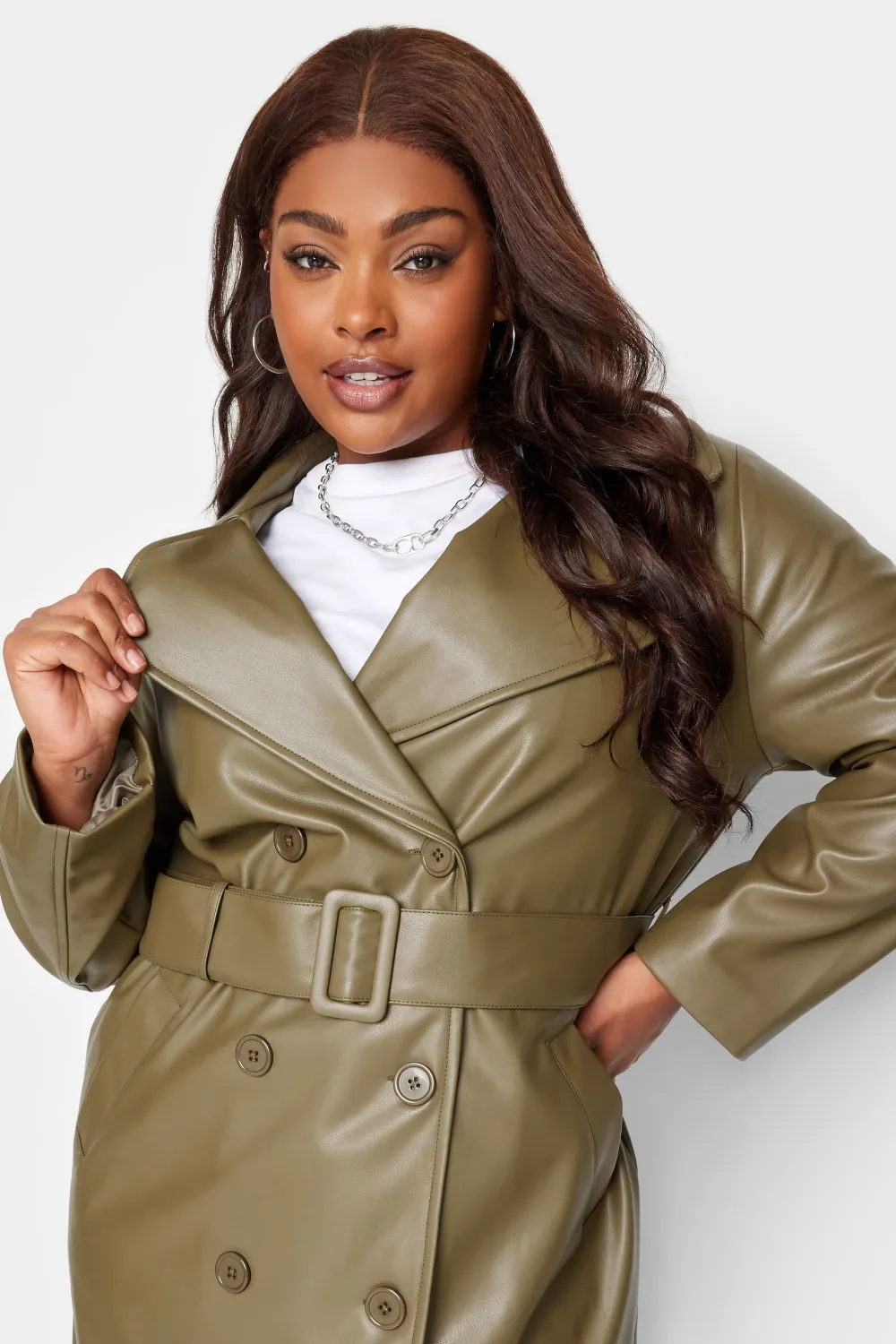 YOURS Curve Olive Green Faux Leather Trench Coat