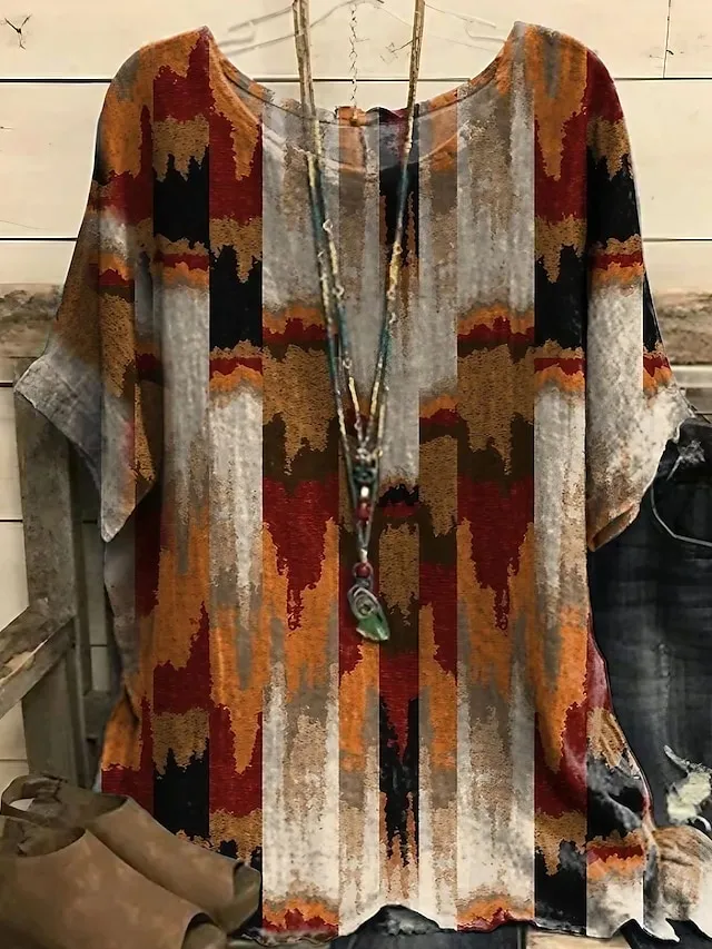 Women's Plus Size T shirt Tee Blouse Blue Purple Brown Graphic Print Short Sleeve Daily Vacation Weekend Vintage Basic Casual Crew Neck Regular Fit Dolman Sleeve Summer Spring