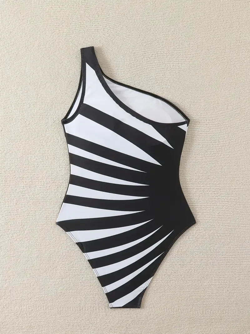 Elegant One-Shoulder Striped Polyester Bodysuit Swimsuit, High Stretch Knit Fabric, with Removable Padding, Asymmetrical Design, Elastane Lined