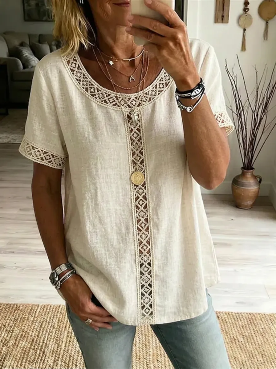 Women's Nashville Country Style Lace Trimmed Linen Blend Top