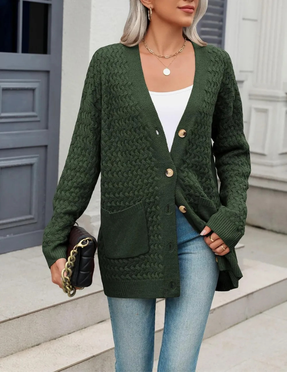 Womens 2024 Long Sleeve Chunky Cable Knit Fall Cardigans Sweaters Button Down Open Front Outerwear with Pockets
