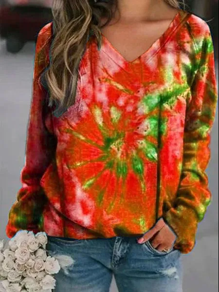 Ombre V Neck Cotton-Blend Sweatshirts