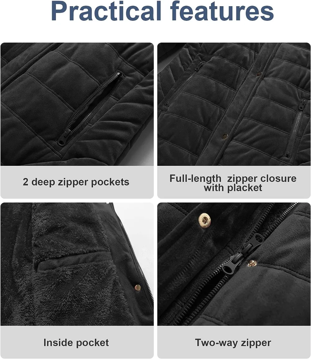Women's Warm Winter Coat Velvet Puffer Jacket Quilted Faux Fur Hood
