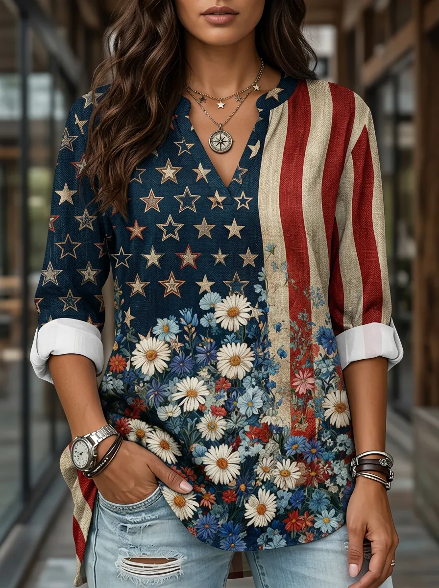 Women's Nashville USA Flag Daisy Floral Printed V-neck Top