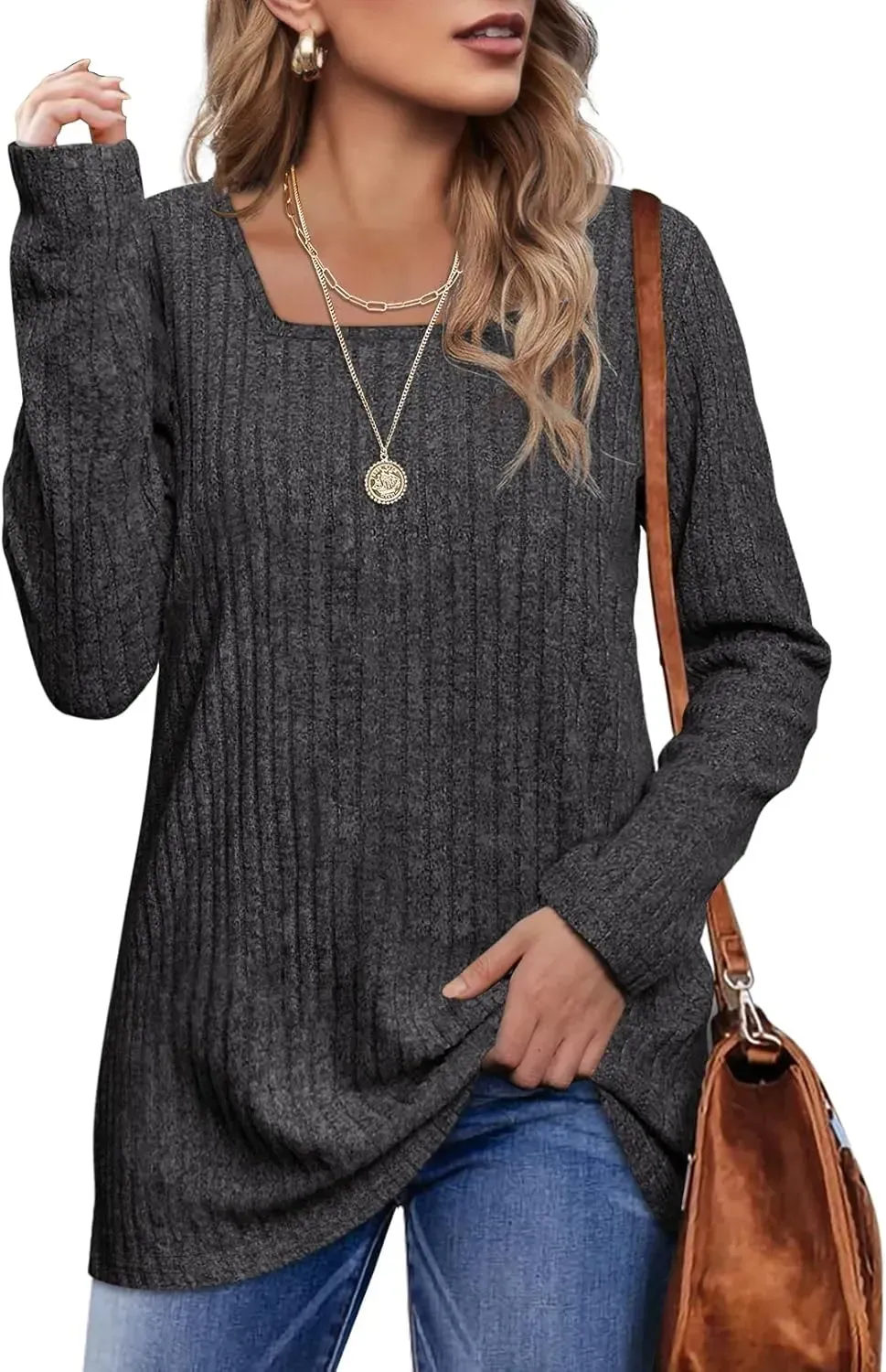 OFEEFAN Long Sleeve Shirts for Women Lightweight Crew Neck Casual Tunic Tops