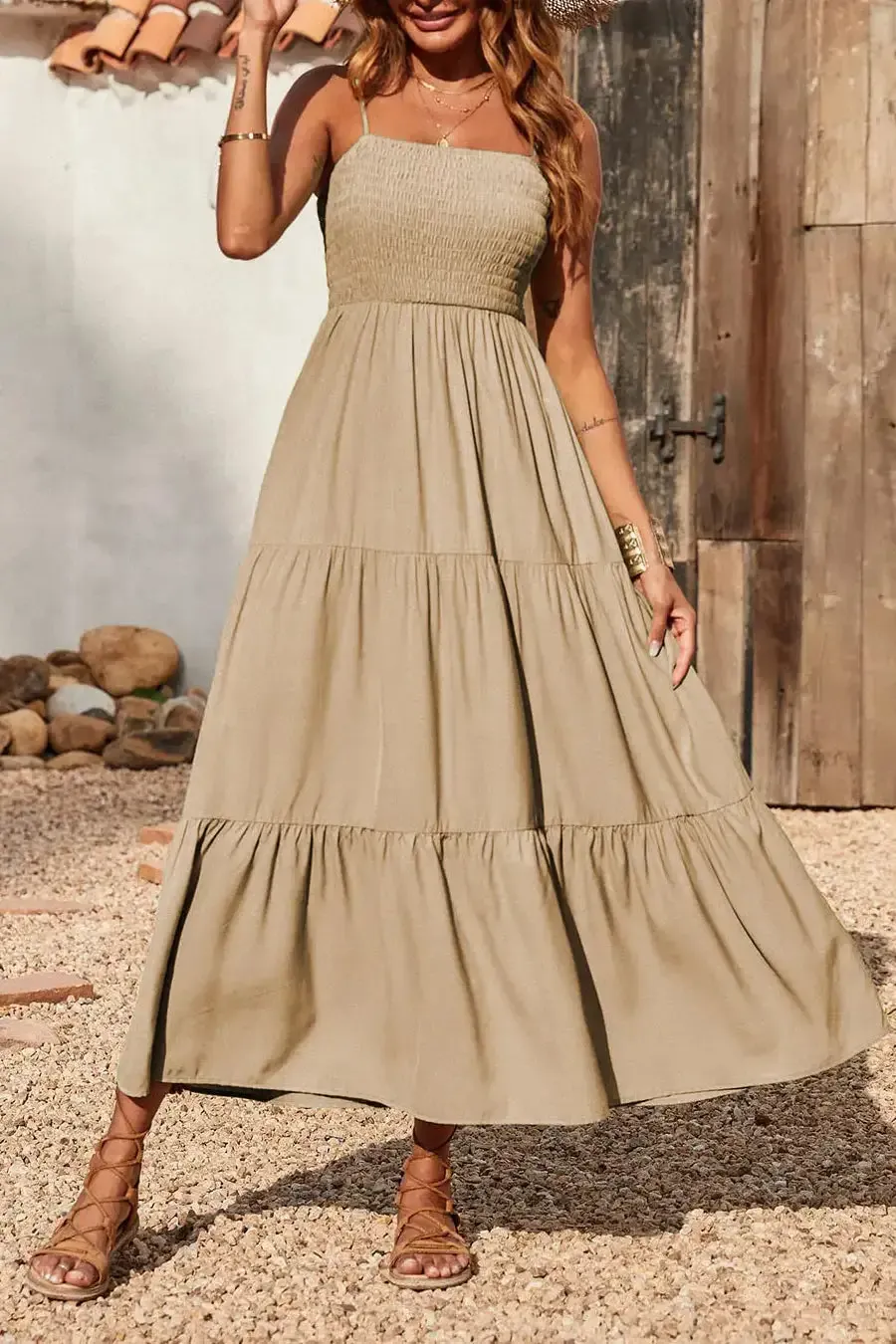 Sleeveless Spaghetti Strap Smocked Tiered Maxi Dress