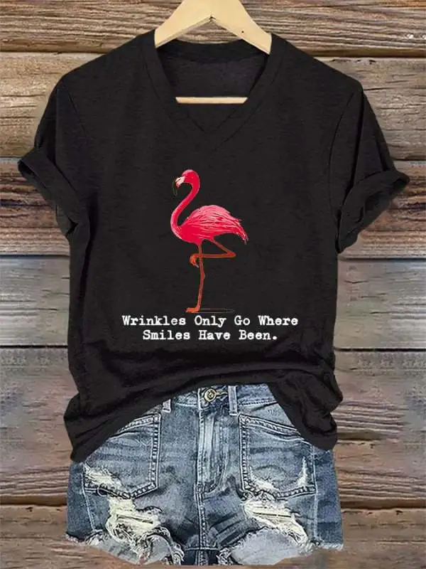 V-Neck Retro Flamingo Wrinkles Only Go Where Smiles Have Been Print T-Shirt