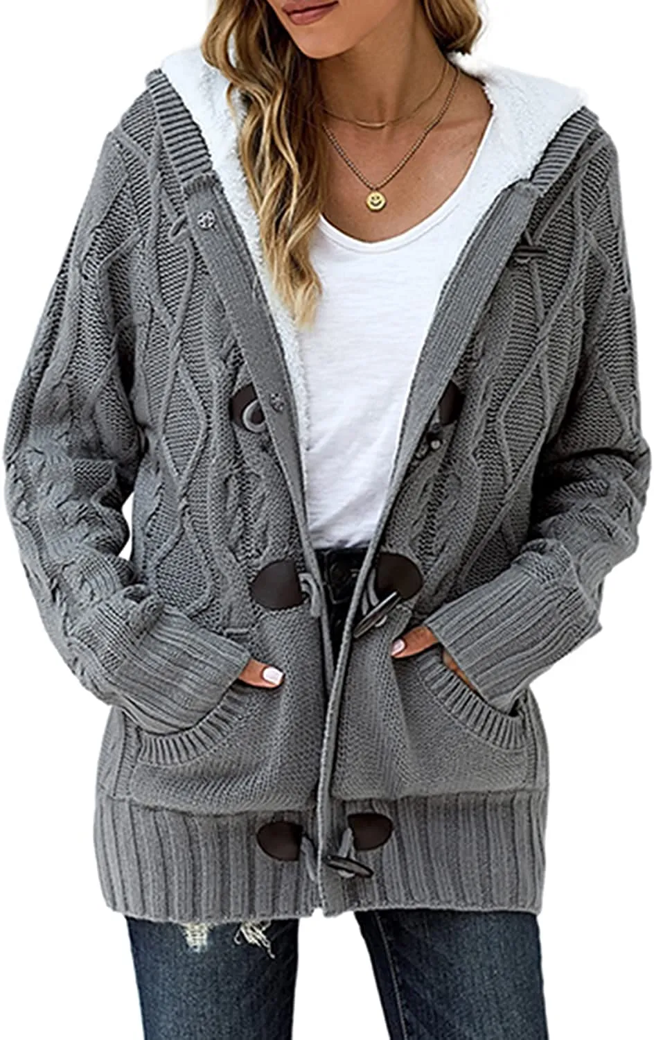 Womens Hooded Cardigans Button Up Cable Knit Sweater Coat Outerwear with Pockets