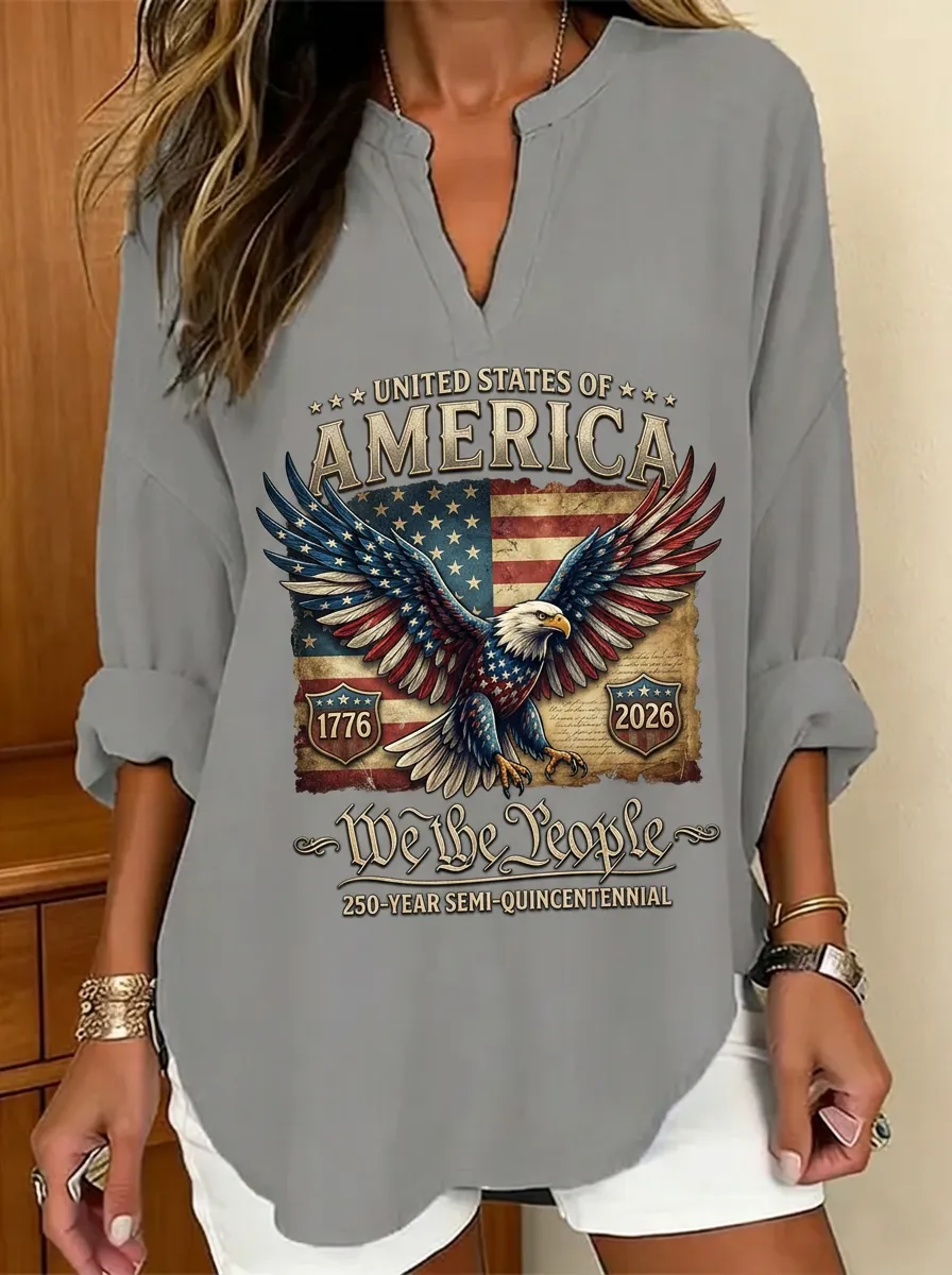 Women's USA Patriotic Eagle We The People Printed V-neck top