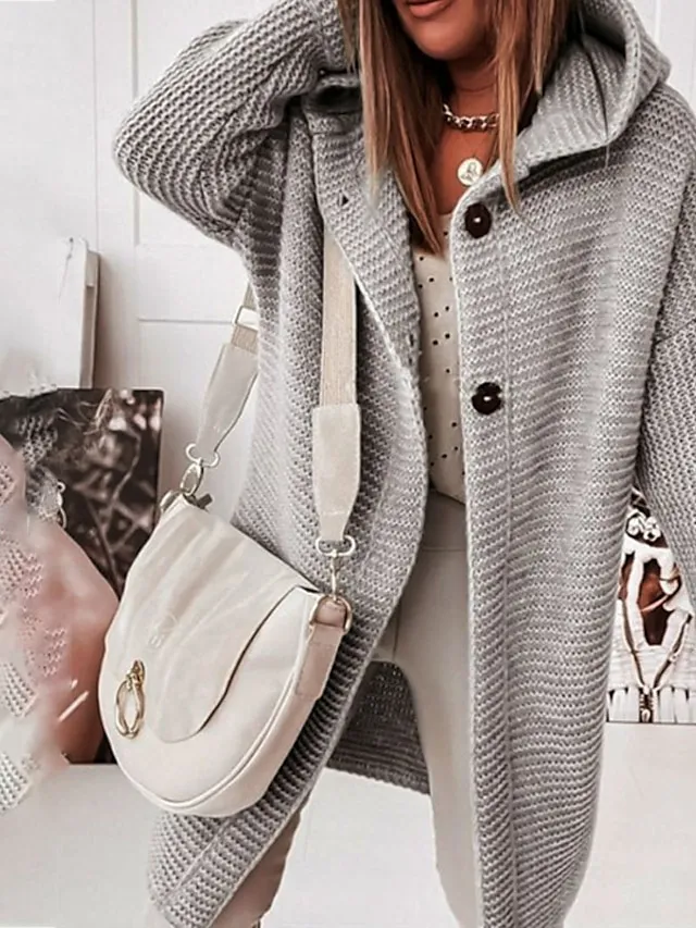 Women's Cardigan Sweater Jumper Knit Button Knitted Solid Color Hooded Stylish Casual Daily Weekend Winter Fall Green Pink S M L / Long Sleeve / Regular Fit