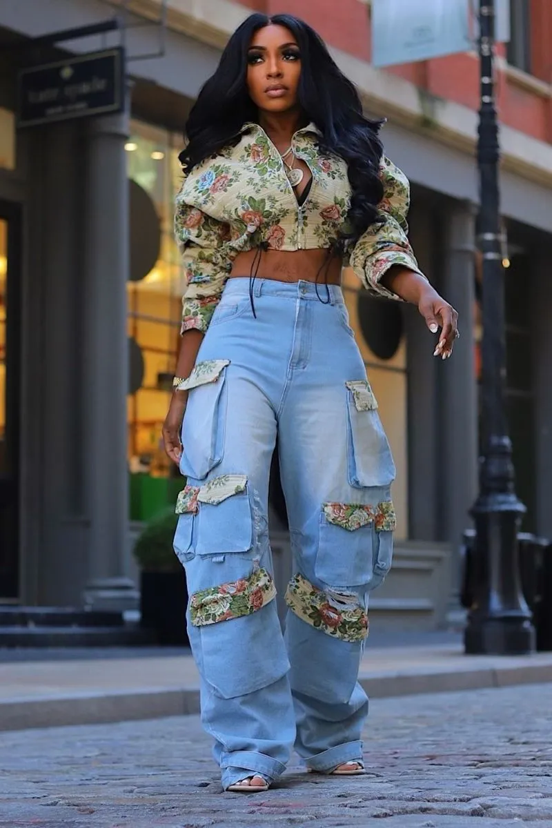 Floral Print Crop Blouse Pocket Washed Denim Pants 2pcs Set-Blue
