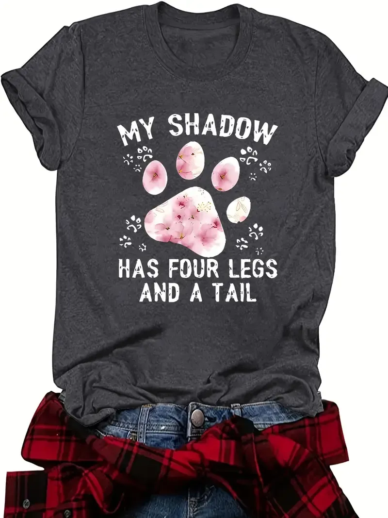 Paw Print Crew Neck T-Shirt, Casual Short Sleeve Top For Spring & Summer, Women's Clothing
