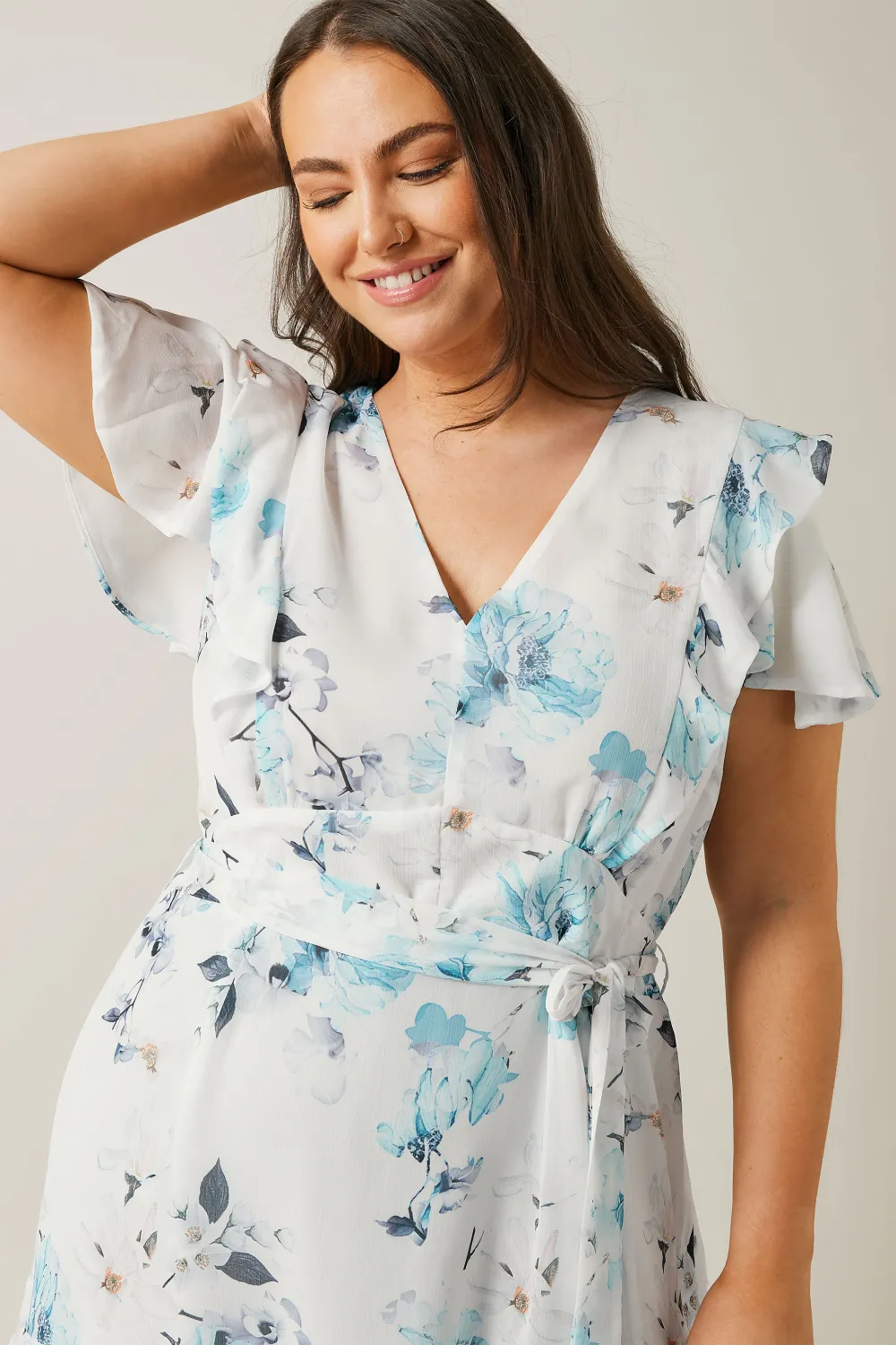 EVANS Curve White Blue Floral Print Ruffle Dress