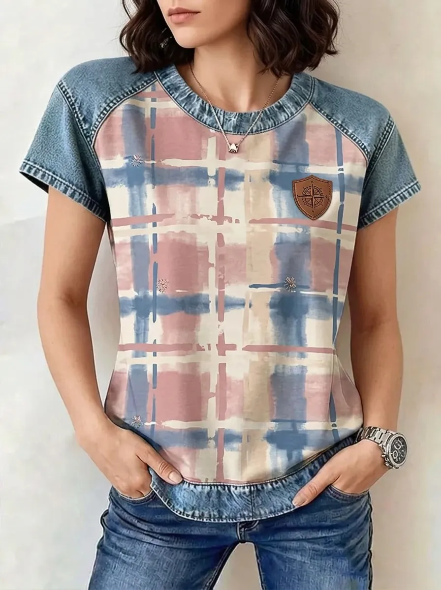 Women's Nashville Travel Compass Plaid Printed T-shirt