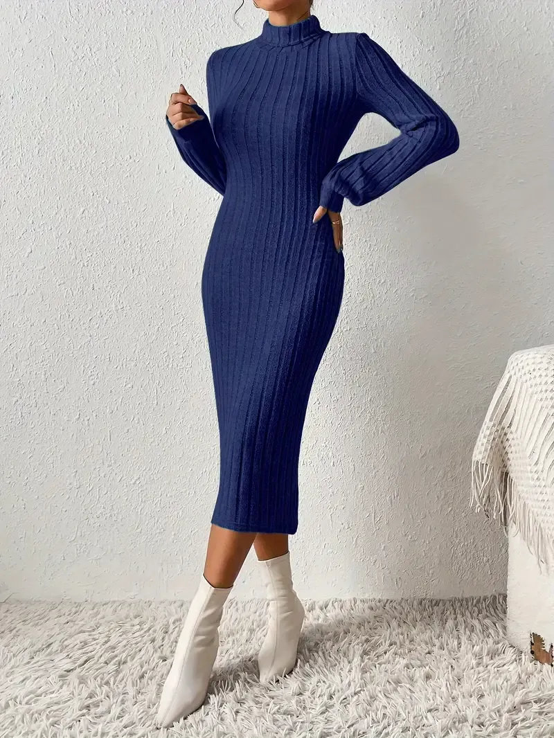 Ribbed Solid Bodycon Dress, Elegant Turtleneck Long Sleeve Dress, Women's Clothing