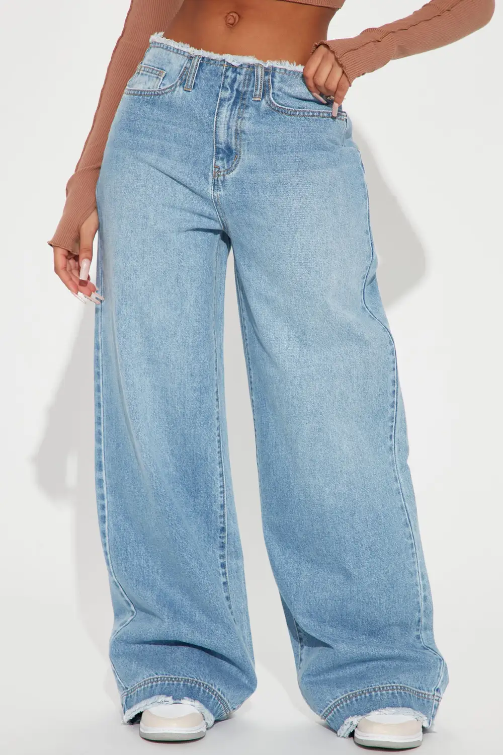 In Your Dreams Cut Off Waistband Baggy Jean - Medium Wash