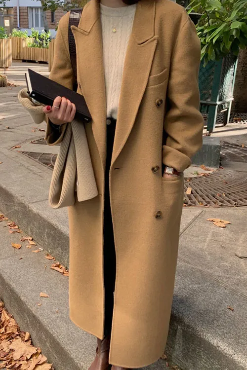Solid Double Breasted Lapel Coat