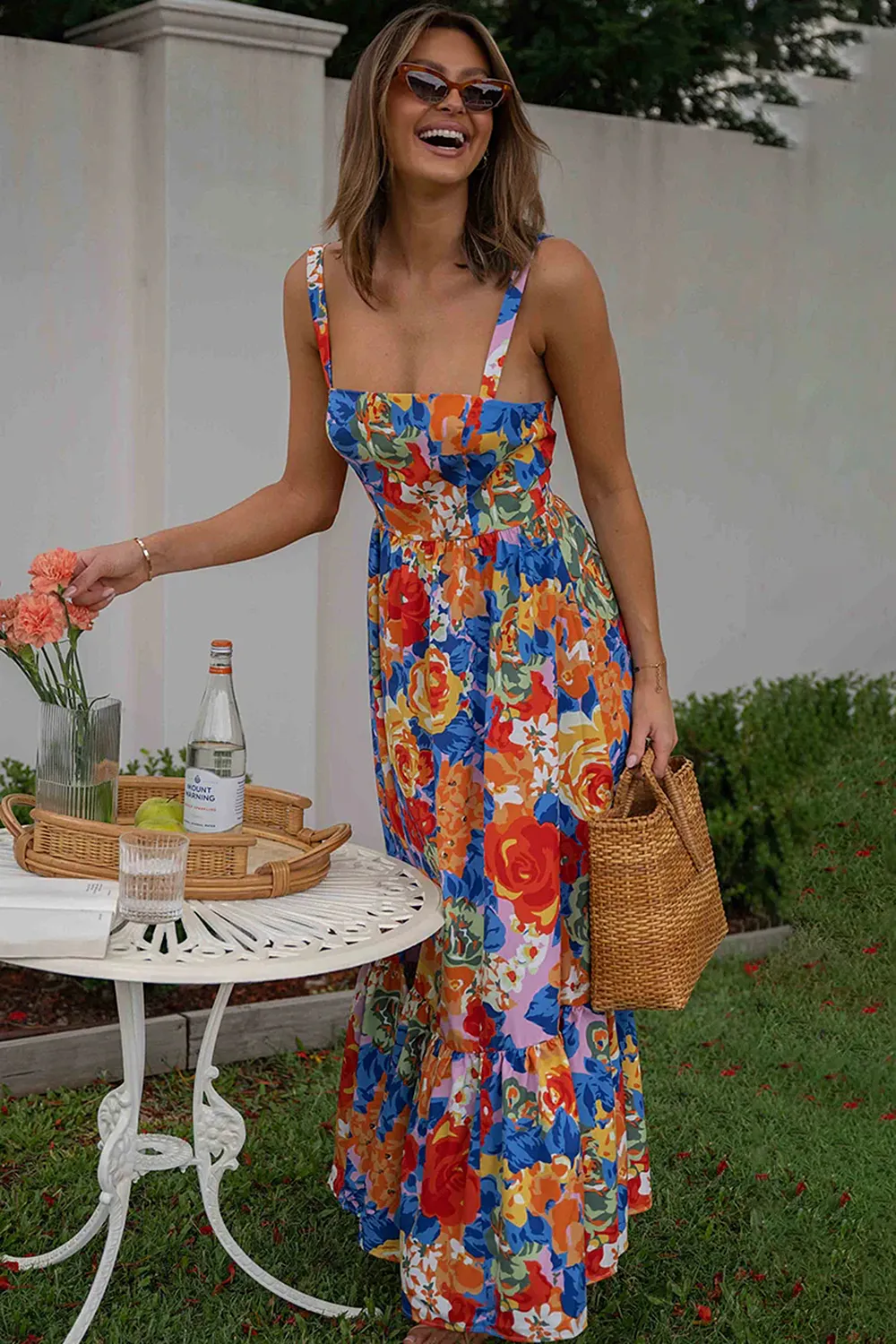 Square Neck Floral Pleated Maxi Dress