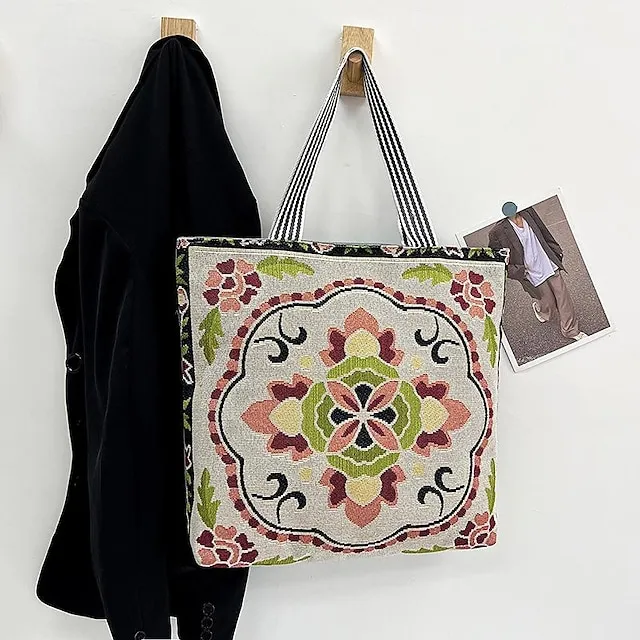 Women's Tote Shoulder Bag Canvas Tote Bag Canvas Shopping Holiday Zipper Large Capacity Foldable Lightweight Geometric Folk Style one Style Three Style two