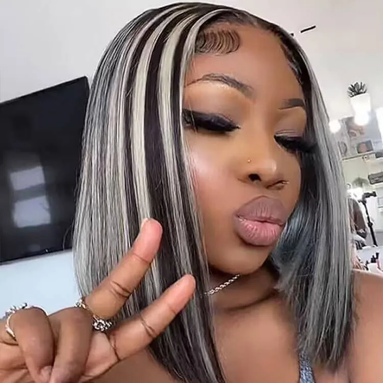 Sterly Grey Highlight Bob Wig Colored Straight 4x4 13x4 Bob Human Hair Wigs