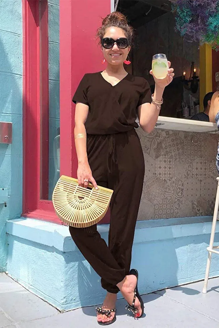 Deep V Neck Wrap Drawstring Waist Jumpsuit