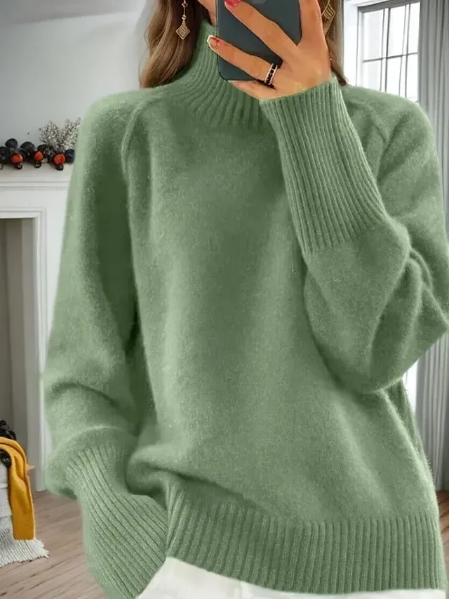Women's Sweater Pullover Sweater Jumper Turtleneck Knit Knitted Raglan Sleeves Spring Fall Home Daily Holiday Daily Casual Soft Long Sleeve Pure Color White Light Green