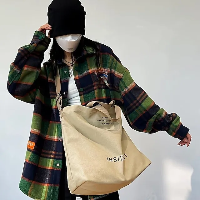 Casual Large-capacity Fashion Shoulder Bag Alphabet Print Zipper Trendy Handbag With Adjustable Strap Women Canvas Shoulder Bag Fashion Big Tote Khaki Black Green