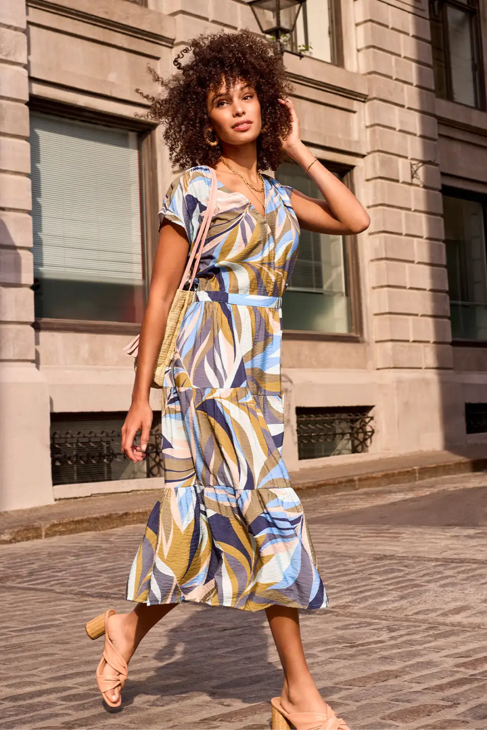 Tiered Short-Sleeve V-Neck Dress-Loden