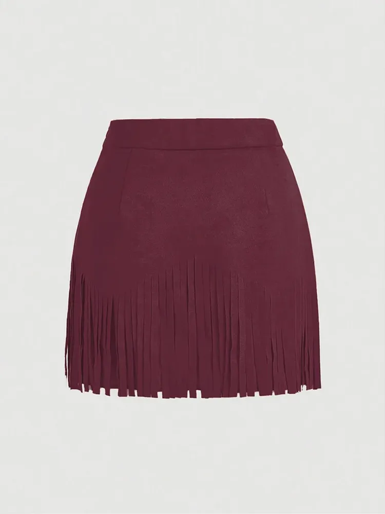 Women'S Vintage Hippie Rivet Fringe Brown Suede A-Line Skirt