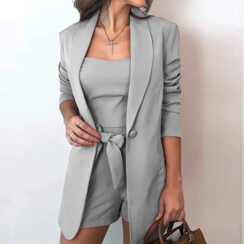belted long sleeve BLAZER AND short pants SET