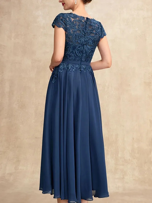 A-Line Scoop Neck Tea-Length Chiffon Lace Mother of the Bride Dress