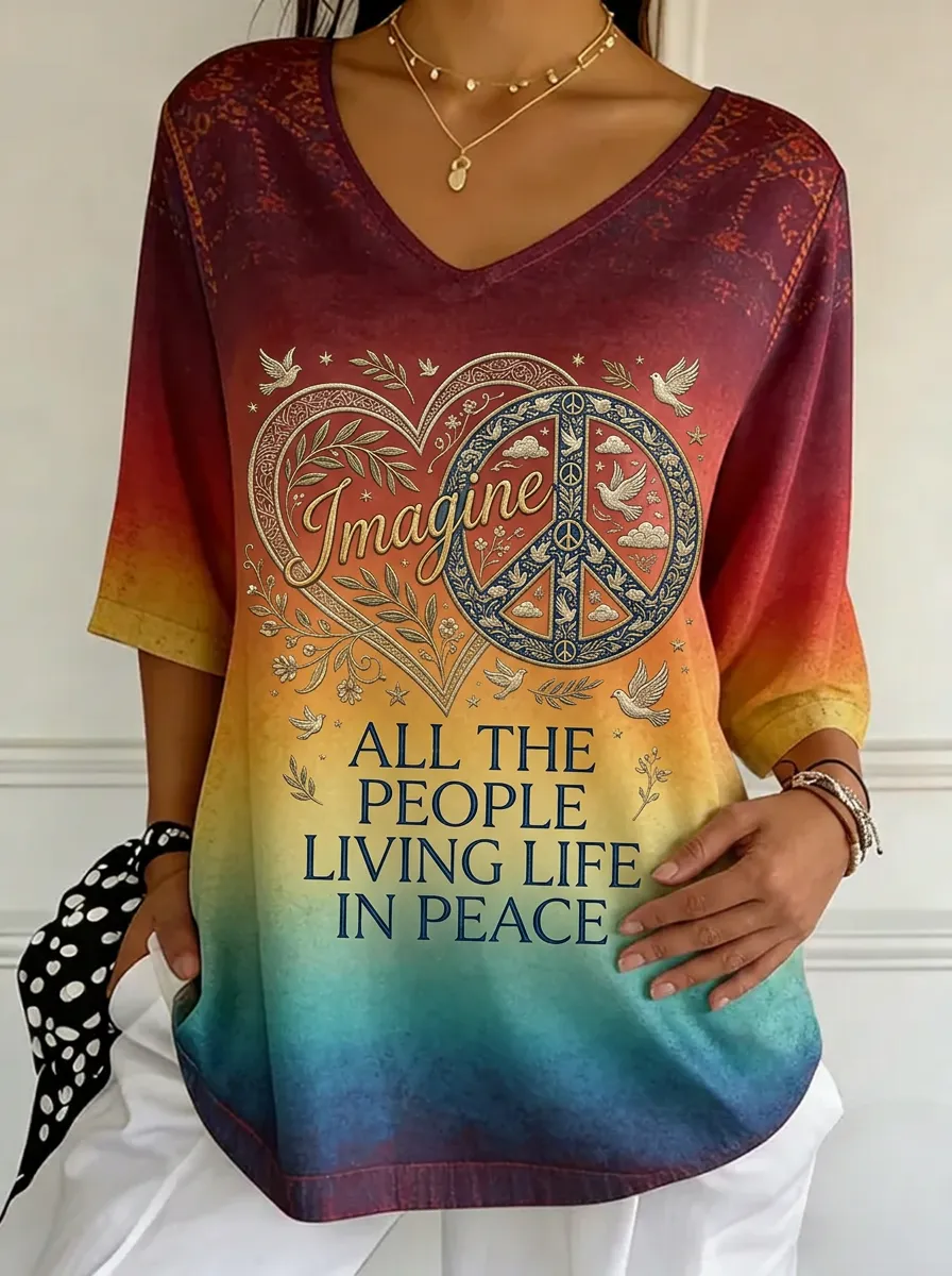 Women's Nashville Peace Sign Heart Imagine Printed V-neck Top