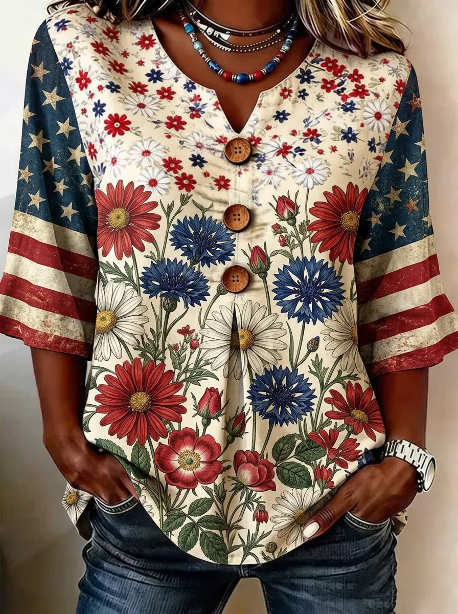 Women's Nashville Patriotic Floral Flag Printed V-Neck Top