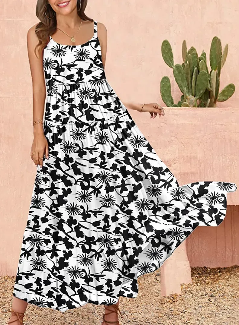 Summer Dresses for Women Casual Loose Bohemian Floral Dress with Pockets Spaghetti Strap Maxi Dress E75