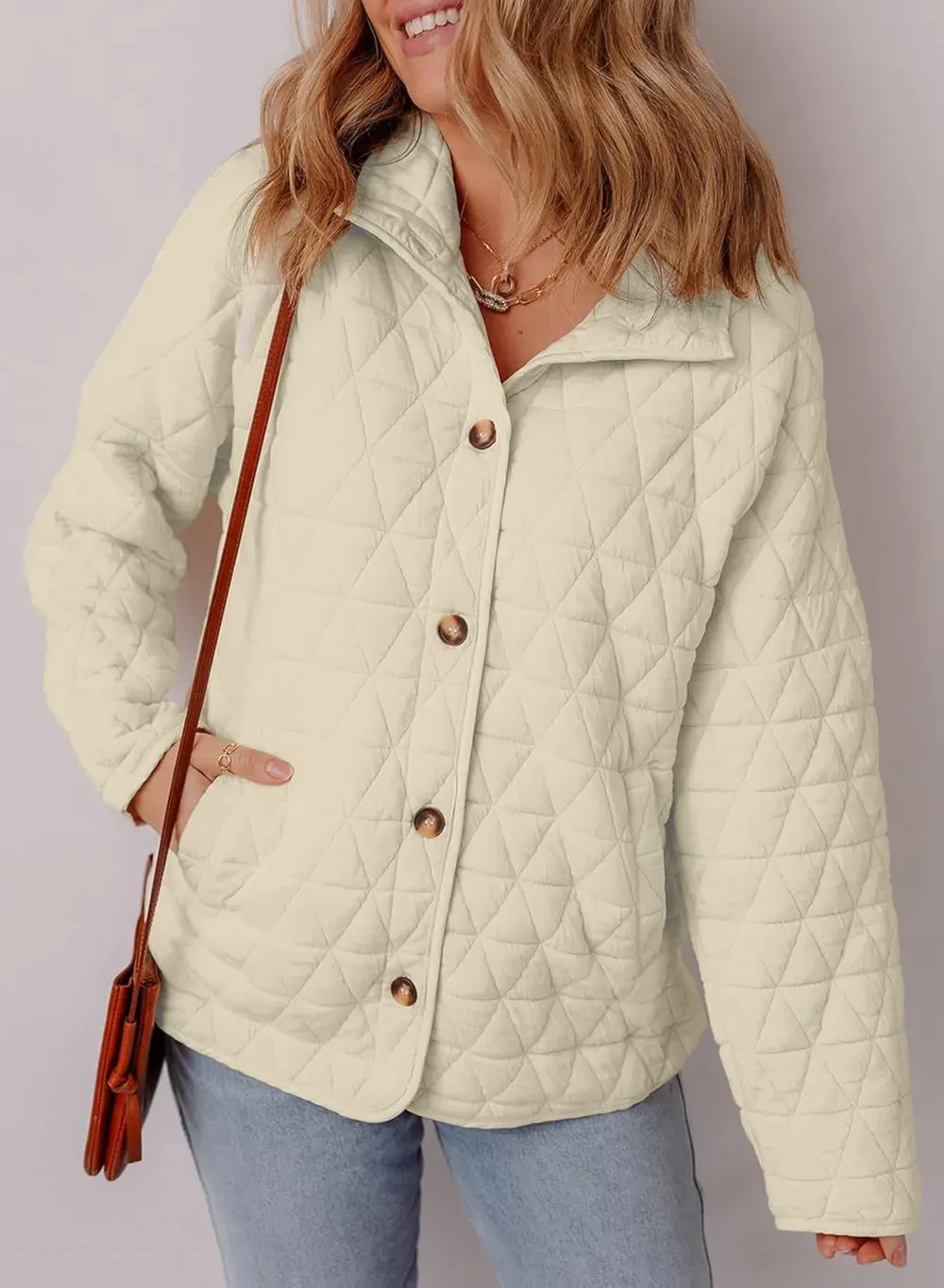 Women's Lightweight Diamond Quilted Jacket Casual Winter Open Front Button Down Puffer Coat Outwear Cardigan