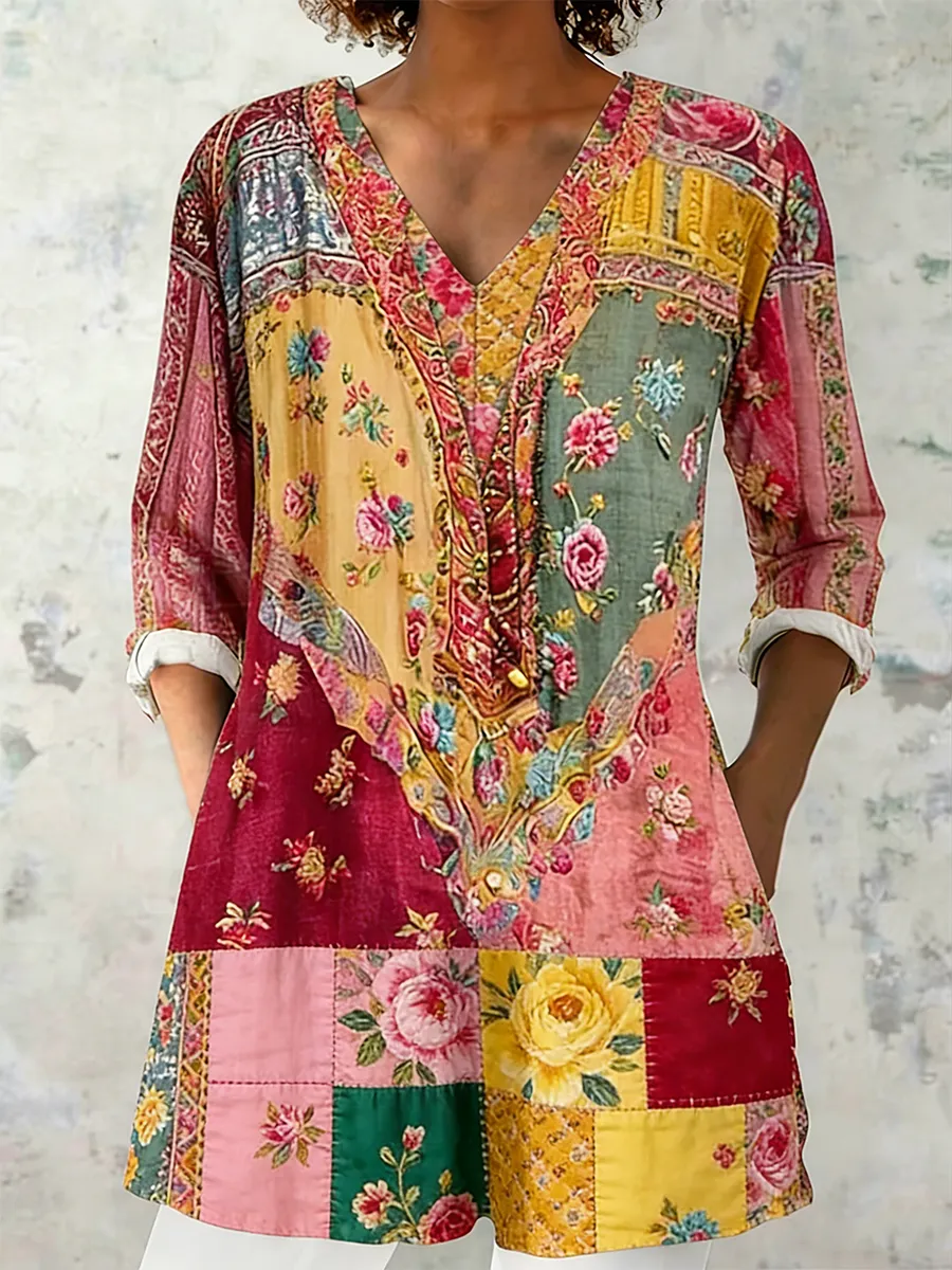 Women's Retro Color Block Small Floral Art Pattern V-Neck Linen Blend Dress