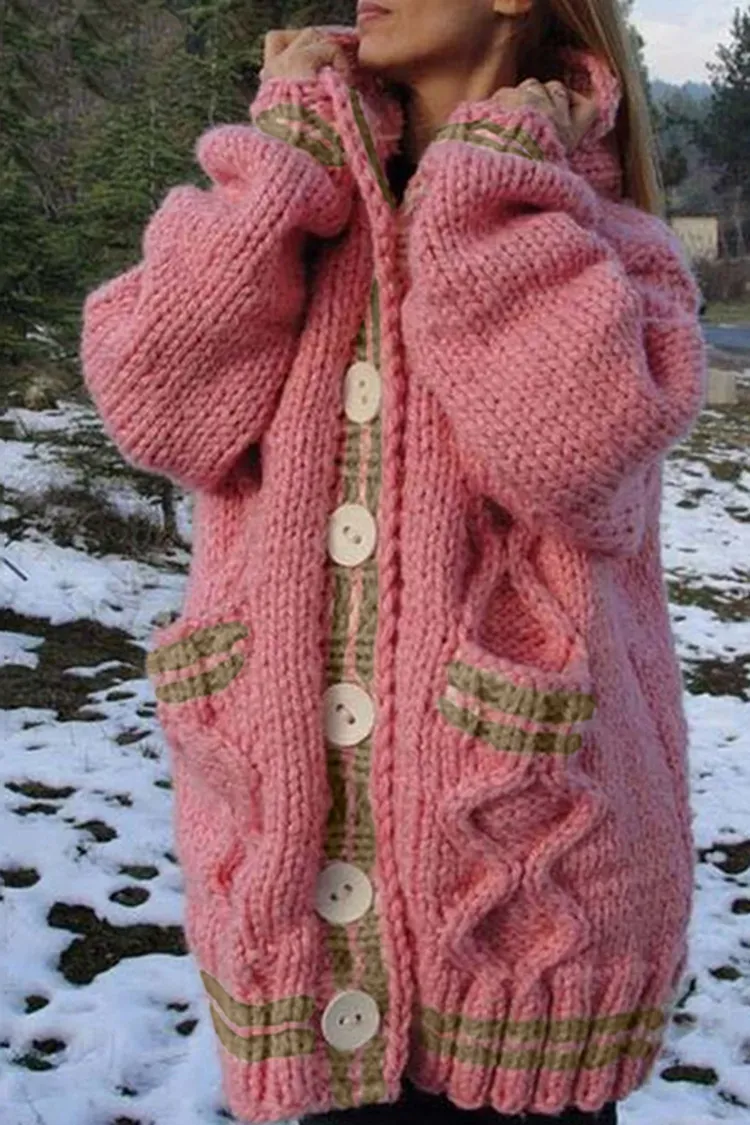 Thickened Loose Hooded Button-Down Knitted Cardigan